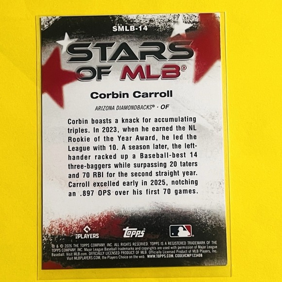 2026 Topps Series 1 Stars of MLB Corbin Carroll SMLB-14 Arizona Diamondbacks - Picture 3 of 3